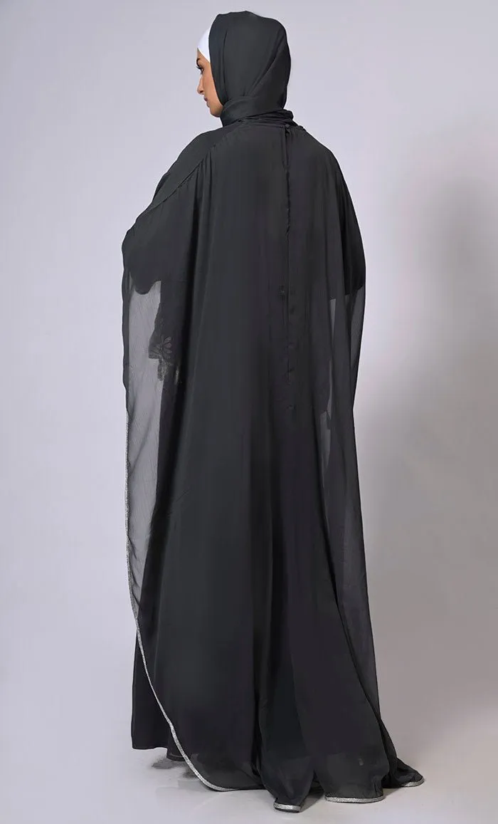 2 Pc Cape style Embroidered Grey Abaya with Scalloped Edges and Tassels Detailing - Final Sale