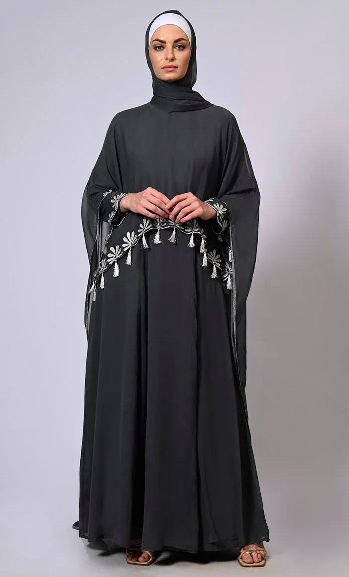 2 Pc Cape style Embroidered Grey Abaya with Scalloped Edges and Tassels Detailing - Final Sale