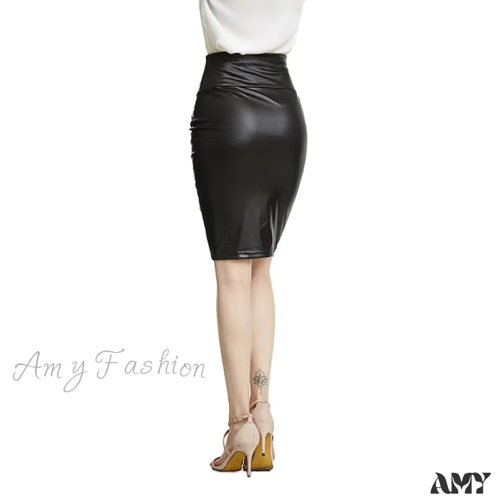 Amy Fashion - PU Leather Elegant Pencil Midi Skirts