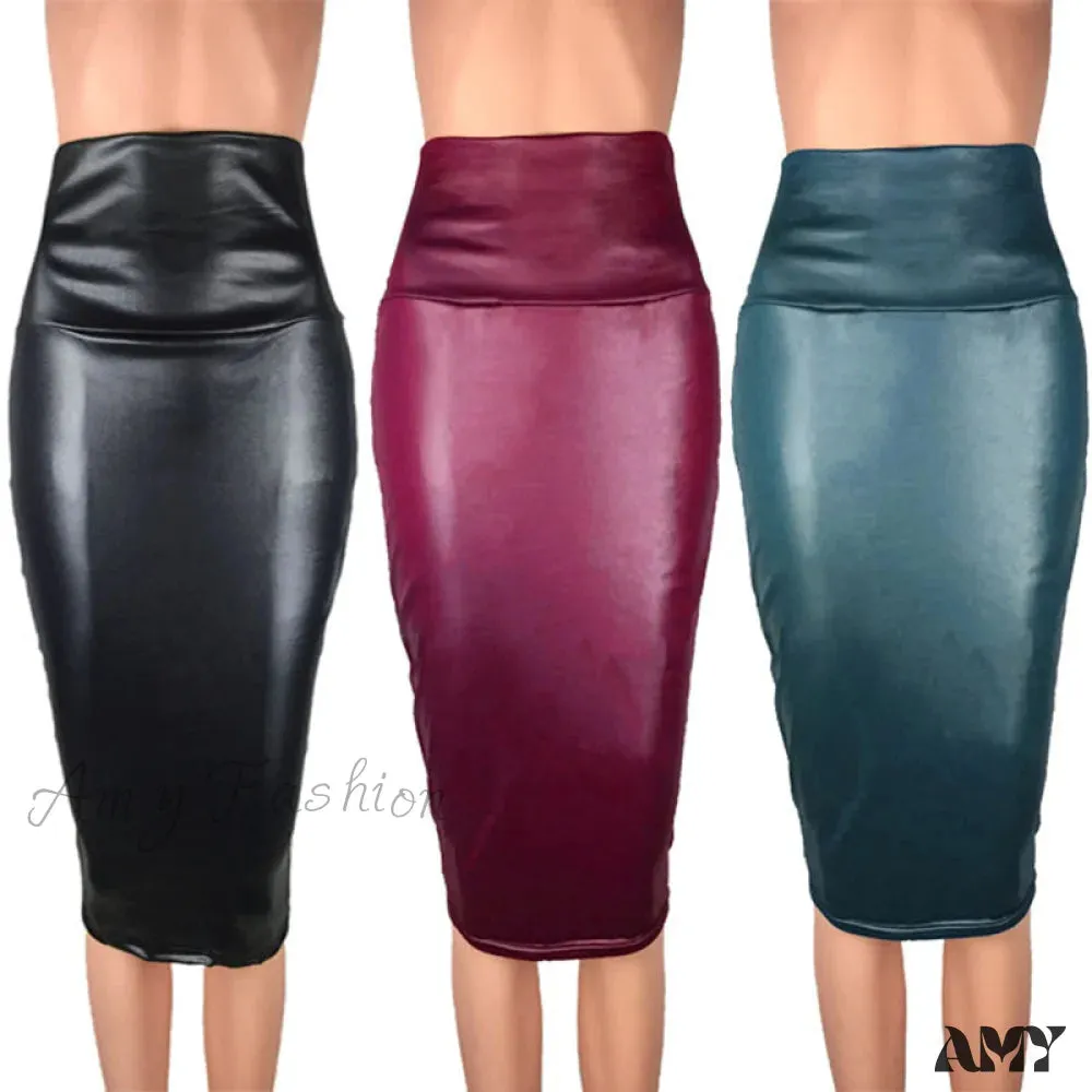 Amy Fashion - PU Leather Elegant Pencil Midi Skirts