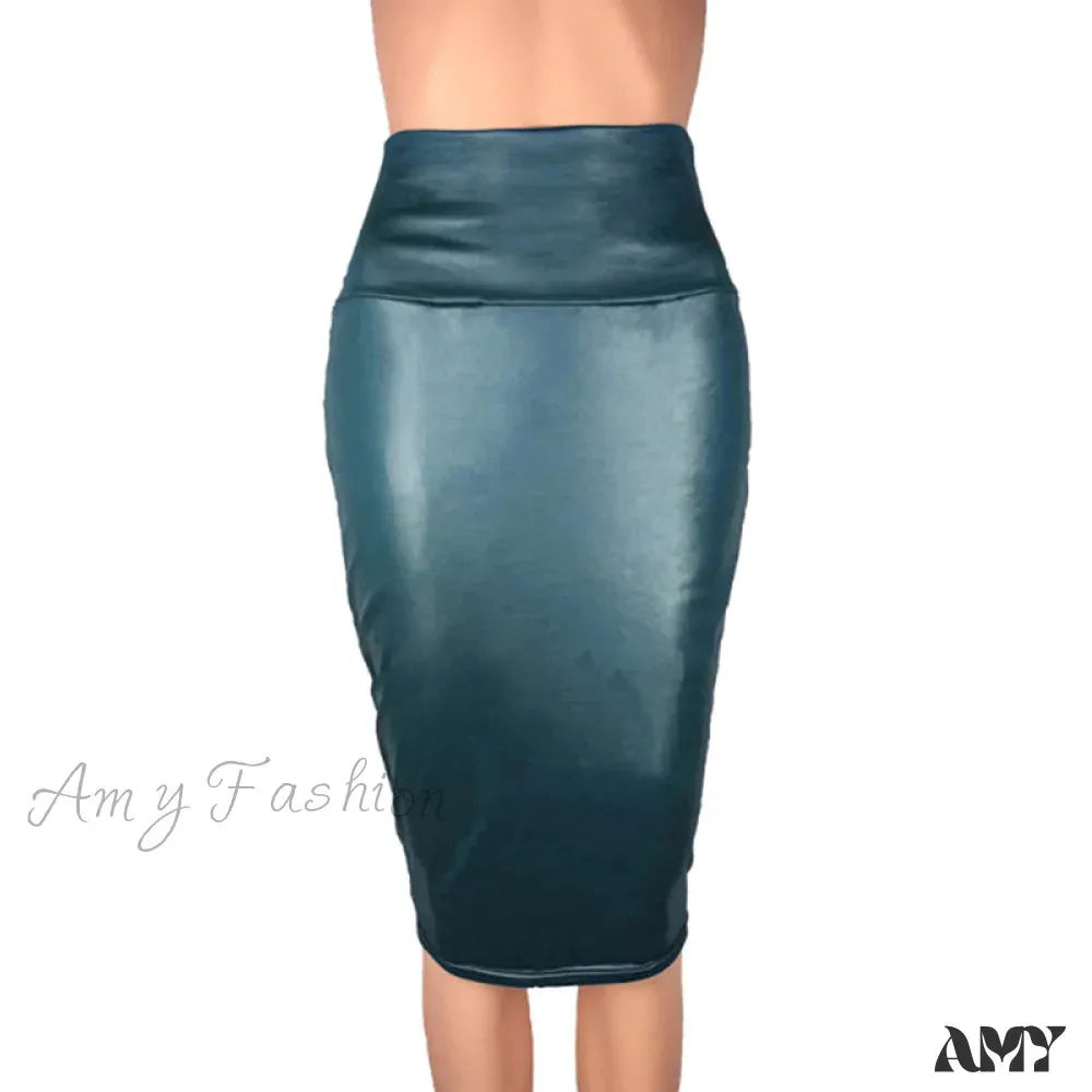 Amy Fashion - PU Leather Elegant Pencil Midi Skirts