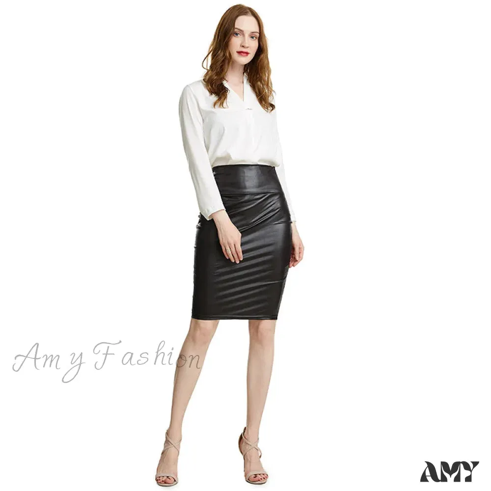 Amy Fashion - PU Leather Elegant Pencil Midi Skirts