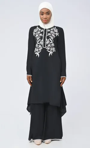 Black Embroidered Set With Hijab And Pockets