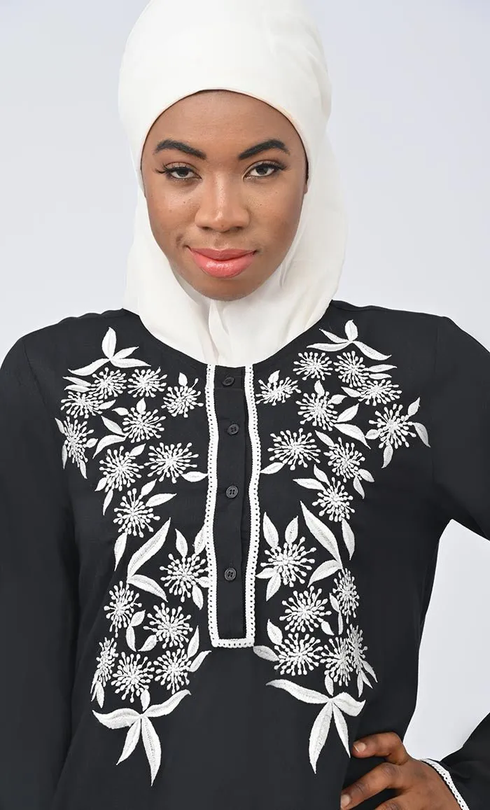 Black Embroidered Set With Hijab And Pockets