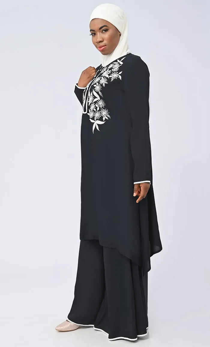 Black Embroidered Set With Hijab And Pockets