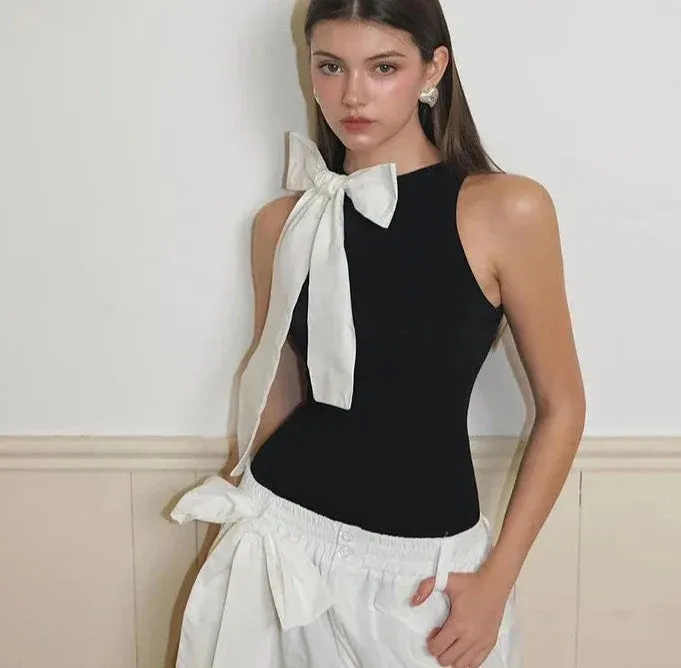 Bow Round Stylish Neck Sleeveless Top