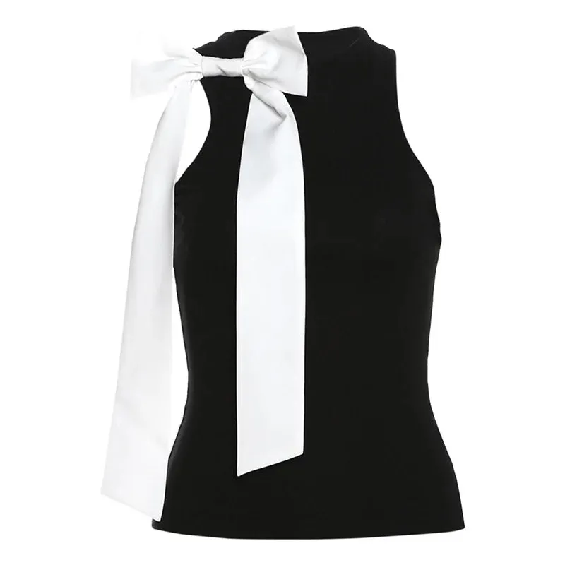 Bow Round Stylish Neck Sleeveless Top