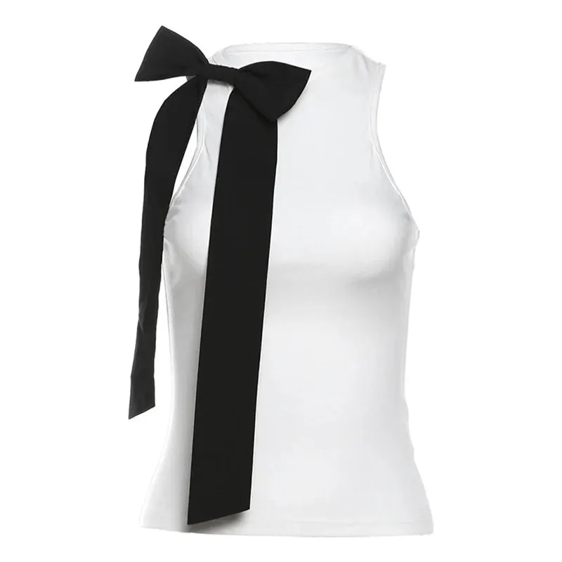 Bow Round Stylish Neck Sleeveless Top