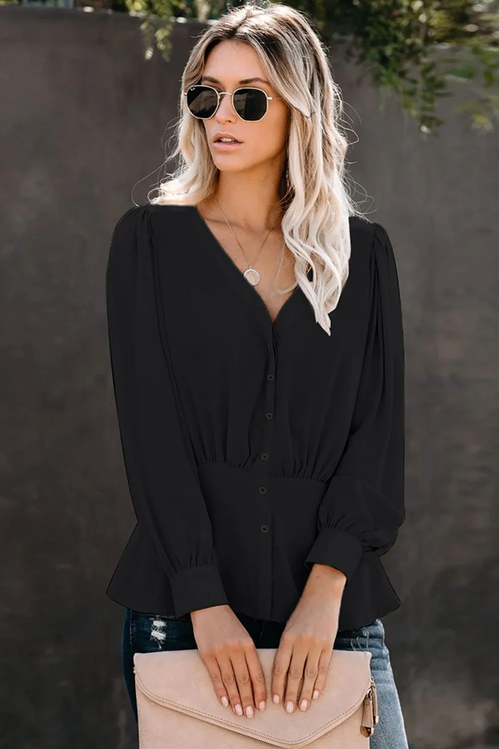 Buttoned Puff Sleeve Blouse