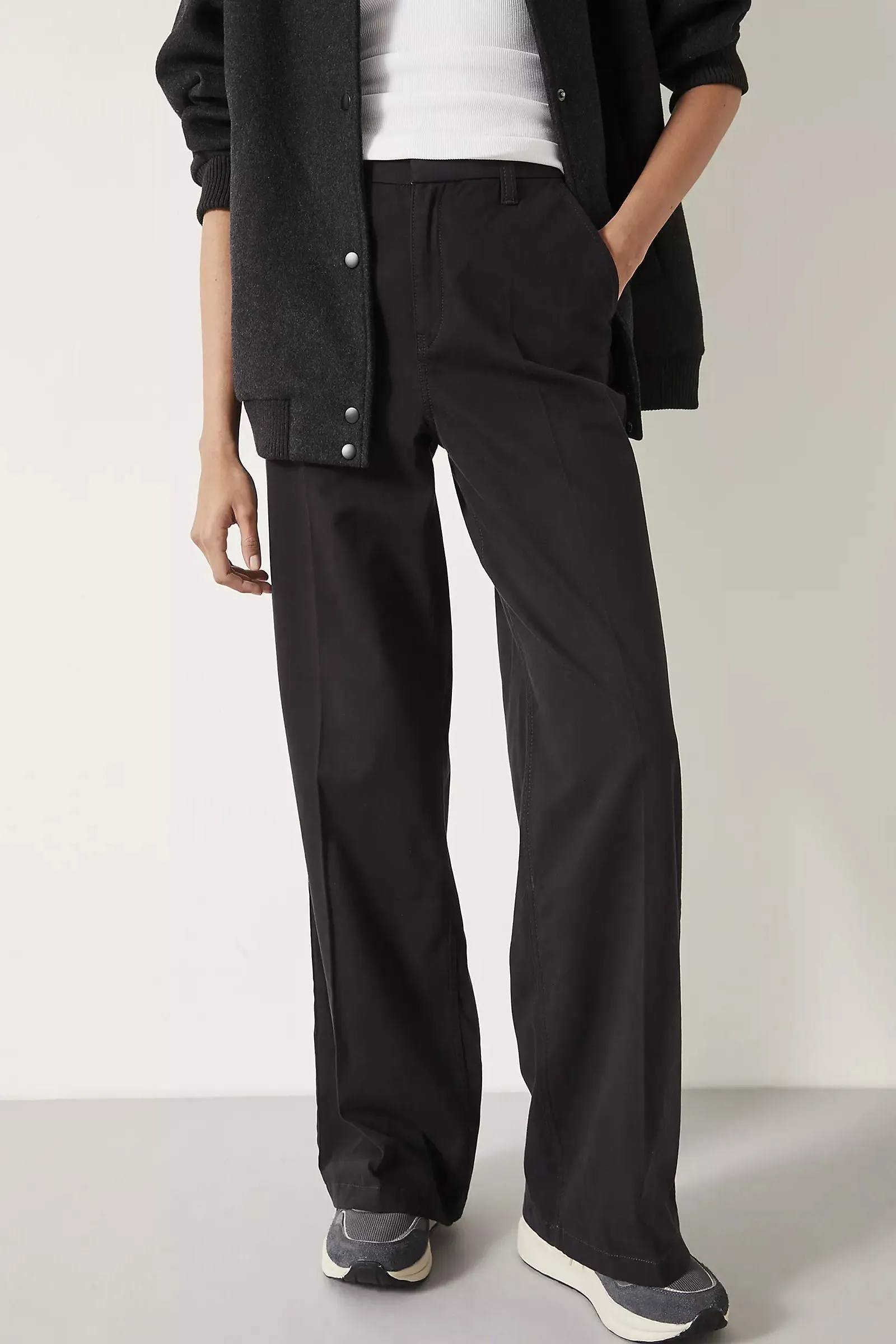 Camile Flat Front Cotton Trousers, Washed Black