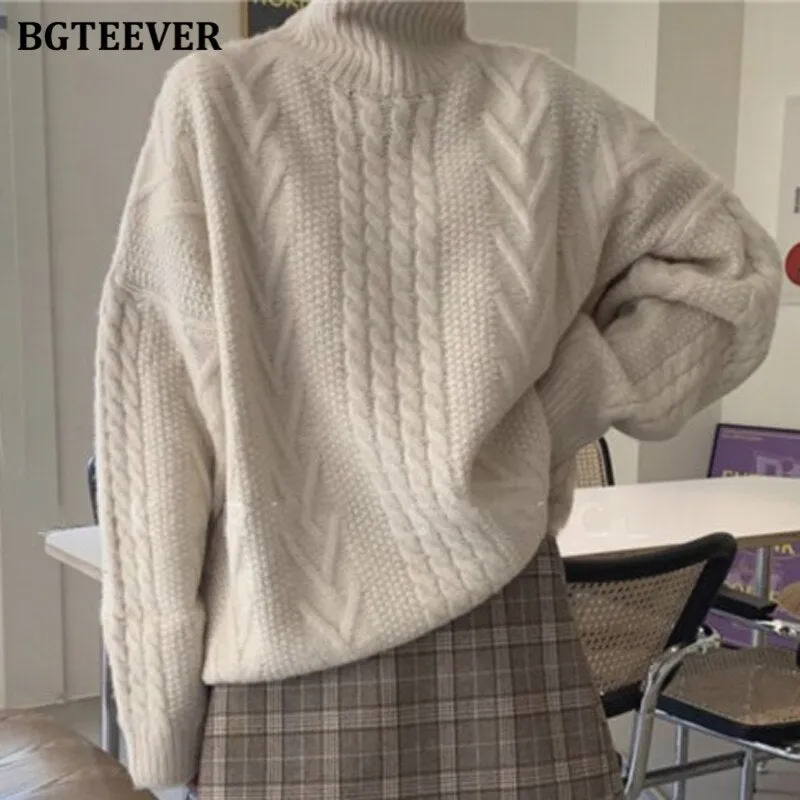 Christmas Gift Joskaa Autumn Vintage Thicken Warm Women Twisted Striped Knitted Jumpers Casual Full Sleeve Loose Female Knitted Sweaters 2024