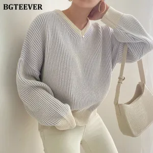 Christmas Gift Joskaa Casual V-neck Loose Women Knitted Pullovers 2024 Autumn Winter Thicken Warm Full Sleeve Ladies Striped Sweaters Jumpers