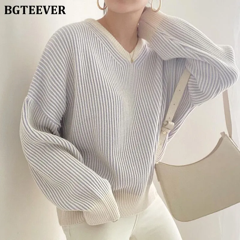 Christmas Gift Joskaa Casual V-neck Loose Women Knitted Pullovers 2024 Autumn Winter Thicken Warm Full Sleeve Ladies Striped Sweaters Jumpers