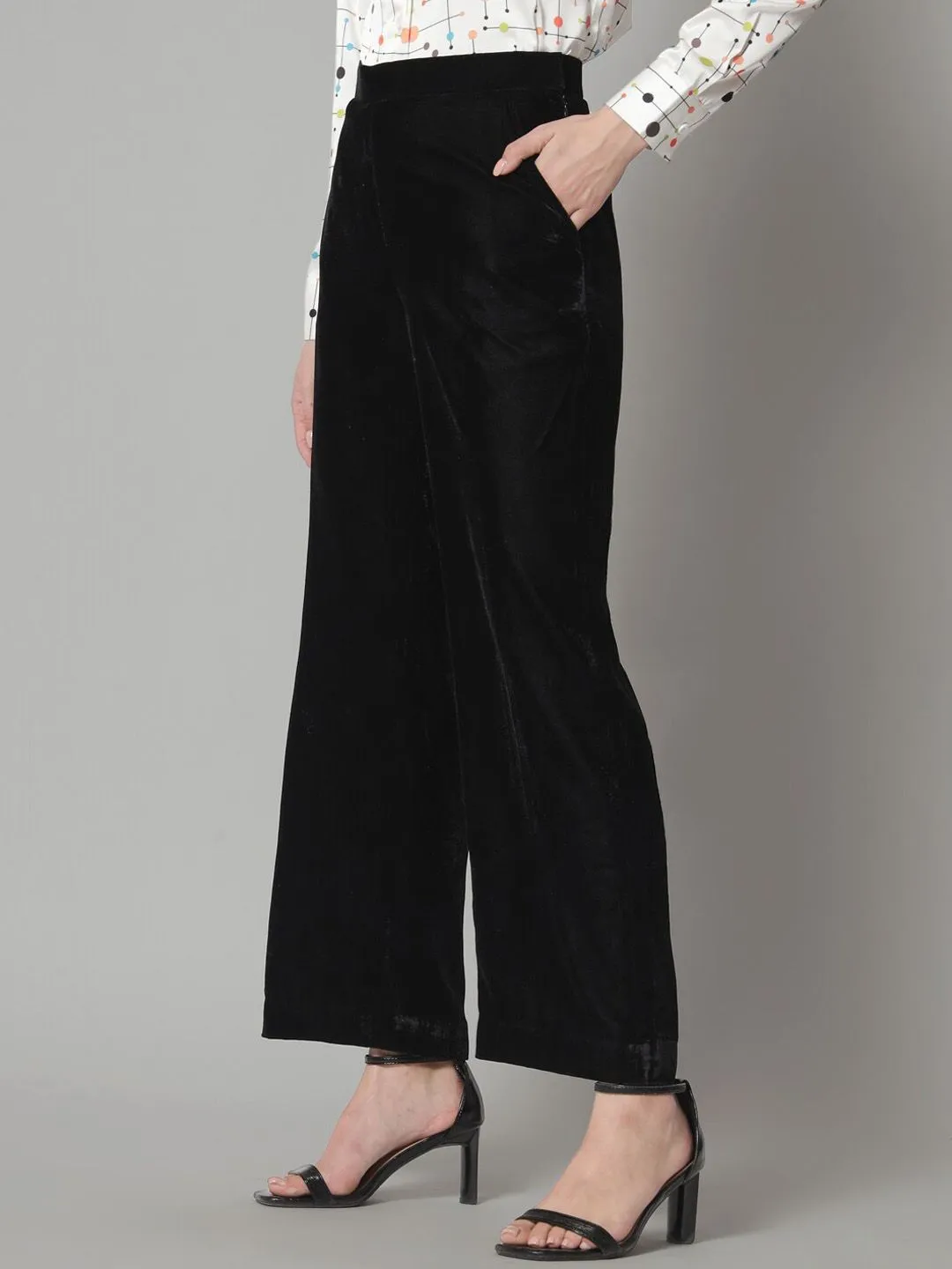 Comfortable Mid Waist Velvet Trouser- Black