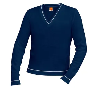 Cotton V-Neck Pullover Varsity Sweater Navy Blue With White Trim