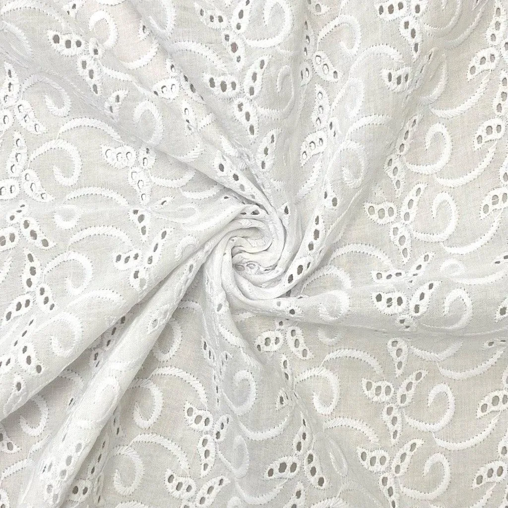 Curling Leaves White Embroidered Cotton Fabric #3