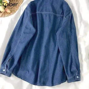 deanwangkt Autumn Long Sleeve Denim Shirt for Women  Single Breasted Pocket Blouse Woman Turn Doen Collar Jeans Shirts Ladies