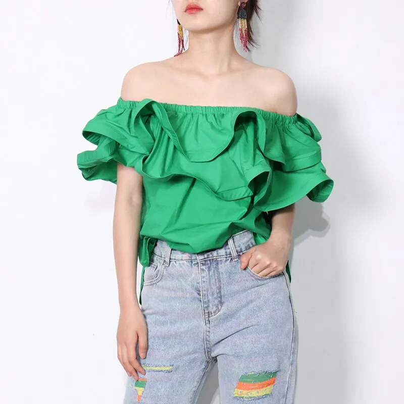 deanwangkt Ruffle Patchwork Short Blouse For Women Slash Neck Casual Solid Shirt Female Fashion New Clothing  Summer New