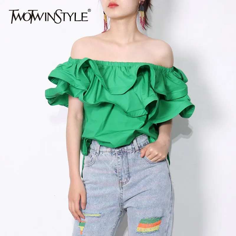 deanwangkt Ruffle Patchwork Short Blouse For Women Slash Neck Casual Solid Shirt Female Fashion New Clothing  Summer New