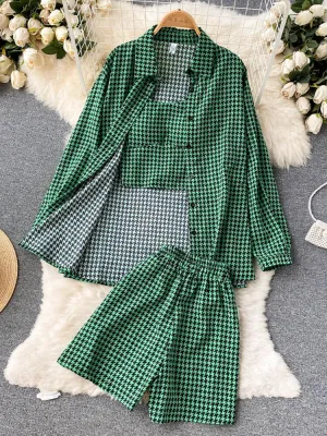 deanwangkt Women 3 Pieces Set Houndstooth Plain Green/Black/Orange Turn-Down Collar Single Breasted Blouse   Strap Camis   Shorts Suits New