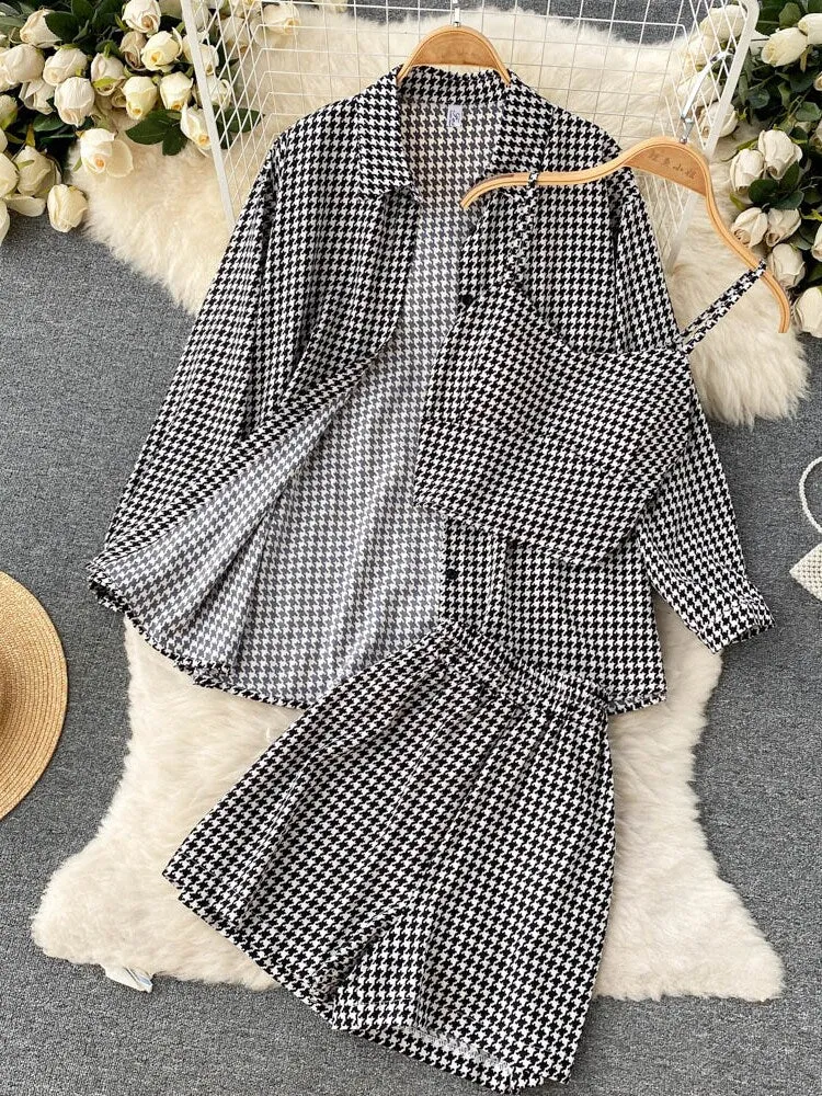 deanwangkt Women 3 Pieces Set Houndstooth Plain Green/Black/Orange Turn-Down Collar Single Breasted Blouse   Strap Camis   Shorts Suits New