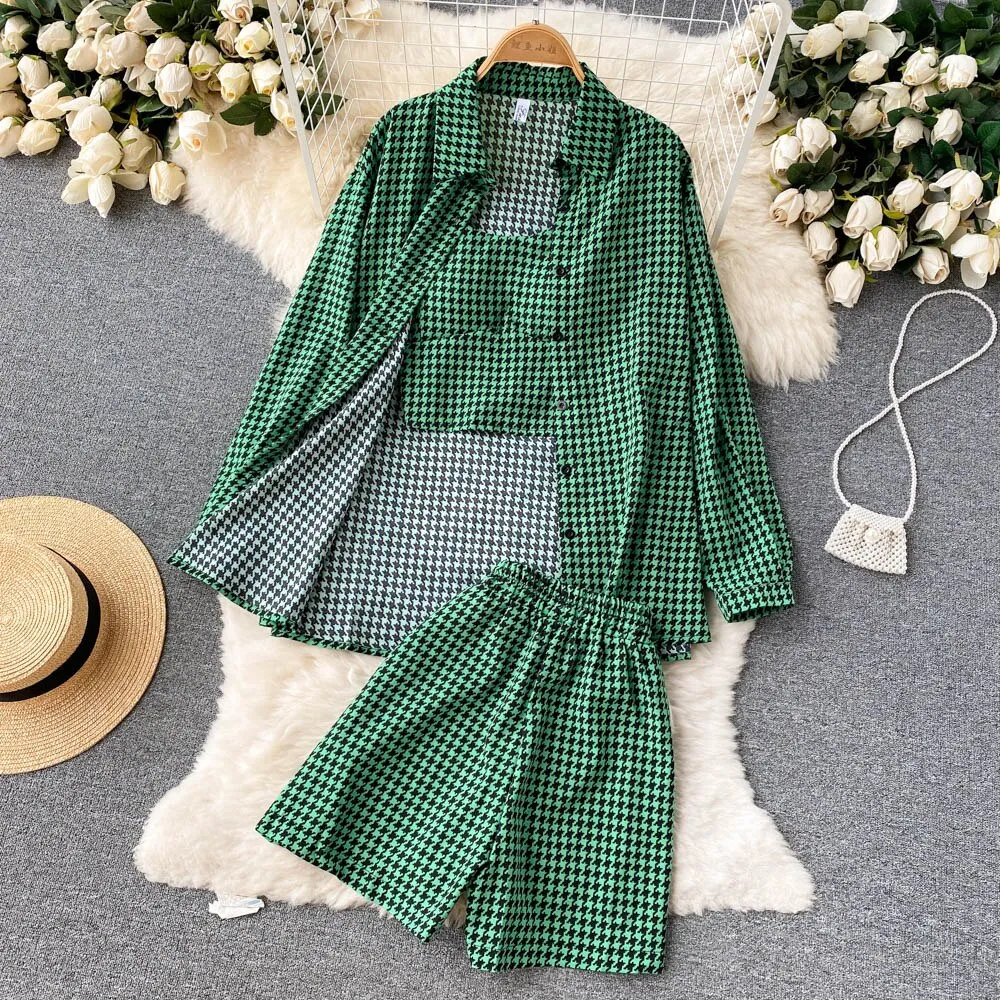 deanwangkt Women 3 Pieces Set Houndstooth Plain Green/Black/Orange Turn-Down Collar Single Breasted Blouse   Strap Camis   Shorts Suits New