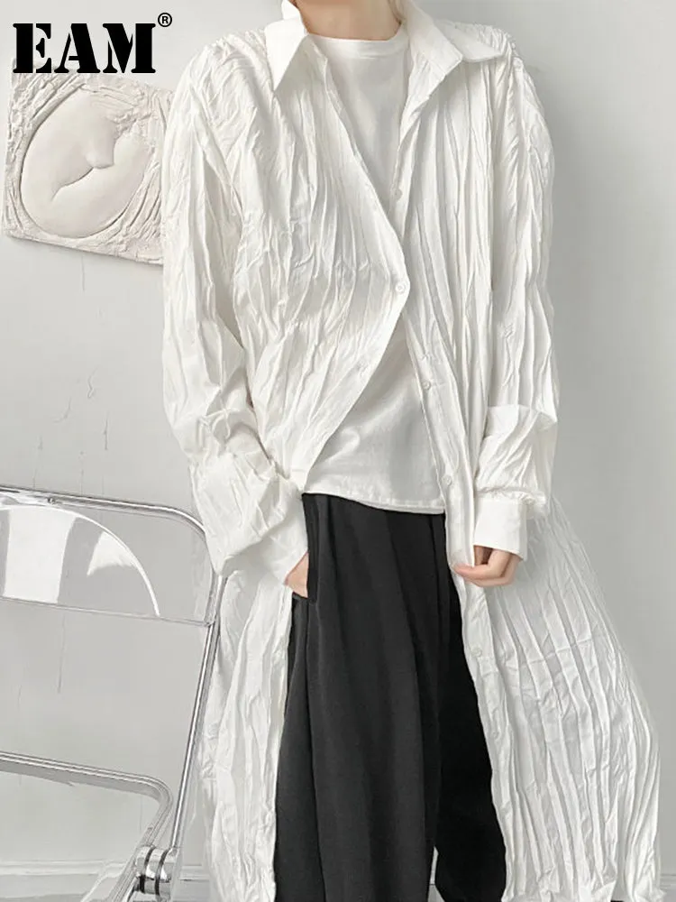 deanwangkt Women White Brief Pleated Big Size Long Blouse New Lapel Long Sleeve Loose Fit Shirt Fashion Spring Autumn  1DF0883