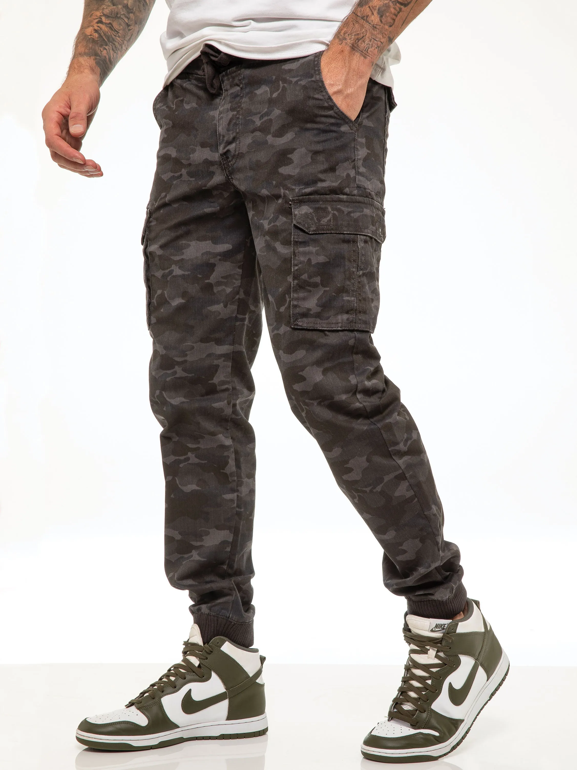 ENZO Mens Military Combat Cuffed Camouflage Jeans