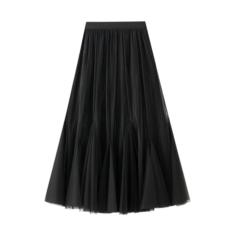 Fall Retro Falling Gauze Skirt Slimming Large Hem Fishtail Skirt Women A line Brown Skirt