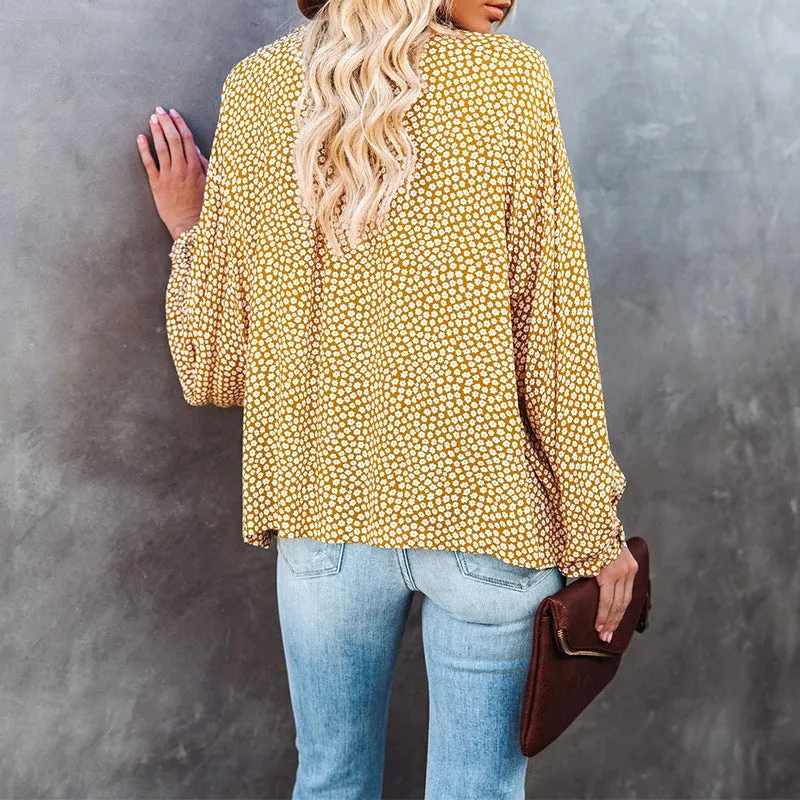 Fashion casual floral long sleeve V-neck loose casual shirt