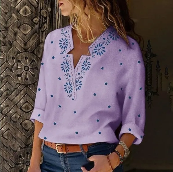 Fashion casual printed top V-neck blouse