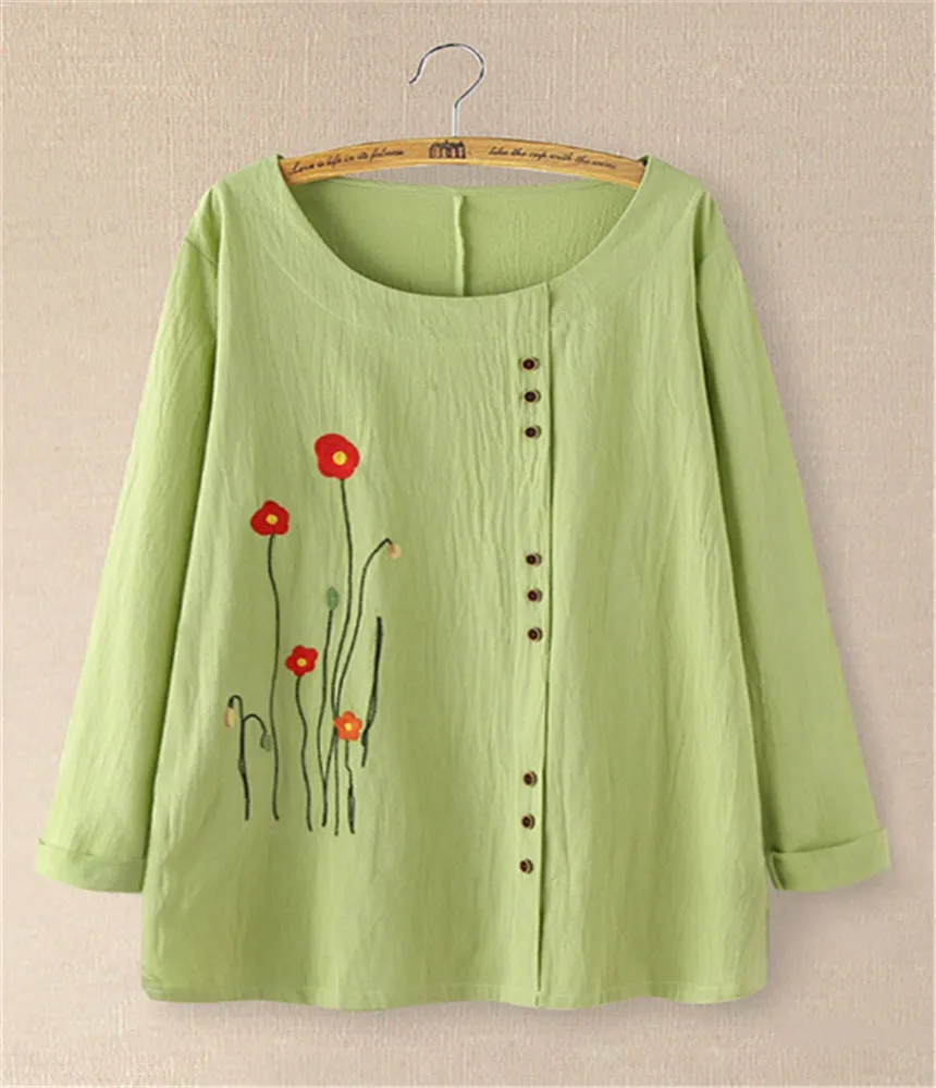 Fashion casual retro cotton and linen printed loose long-sleeved shirt women