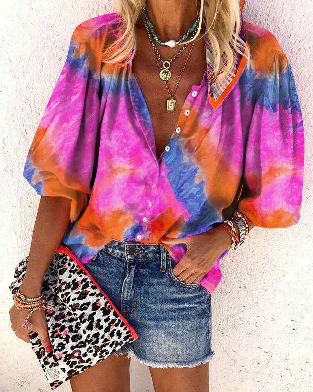 Fashion Casual Tie Dye Printing Long Sleeve V-neck Button Ladies Shirt Ladies