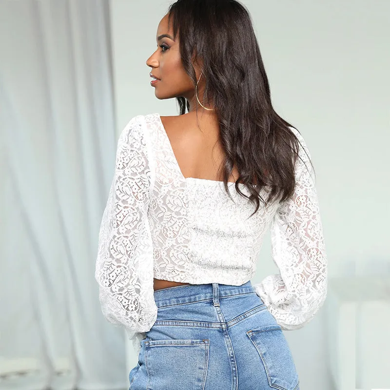 Fashion lace embroidered shirt with square neck sexy princess sleeve hollow halter top