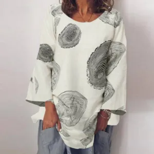 Fashion Simple Long Sleeve Loose Cotton Linen Shirt Printed Blouse