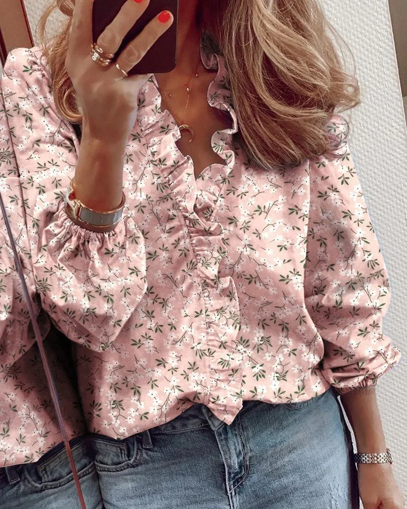 Fashion spring and summer printed V-neck ruffled long-sleeved ladies shirt