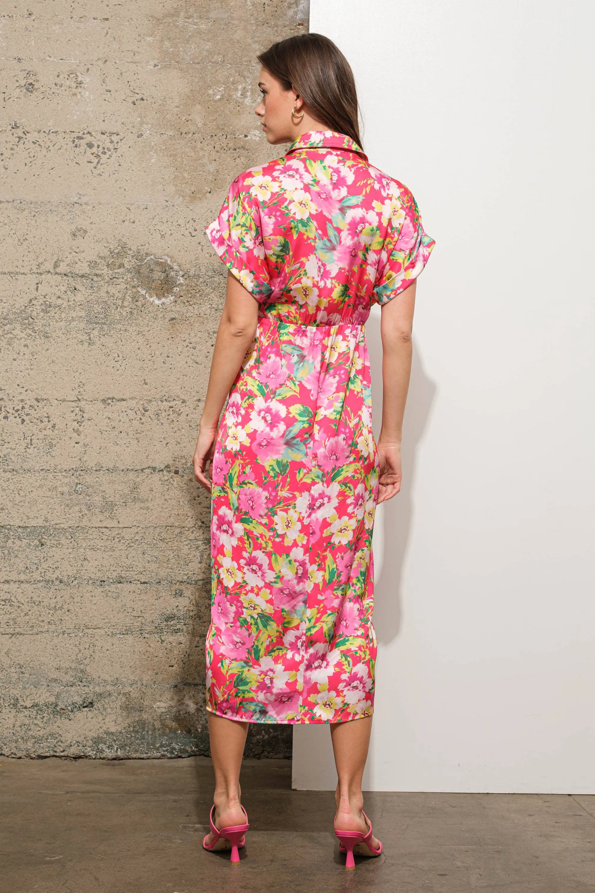 Floral Print Ruched Tie Front Satin Shift Dress