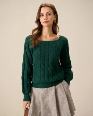 Green Romance Cable Knit Crew Sweater