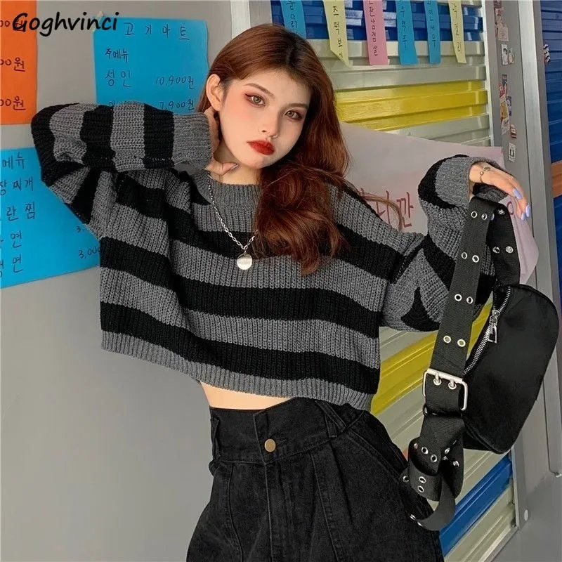 Joskaa Short Striped BF Women Sweaters O-neck Pullovers Knitted Jumpers Loose Sexy Sweet Students Streetwear Fashion Stylish Vintage