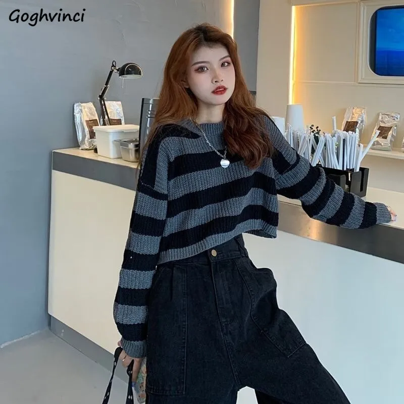 Joskaa Short Striped BF Women Sweaters O-neck Pullovers Knitted Jumpers Loose Sexy Sweet Students Streetwear Fashion Stylish Vintage