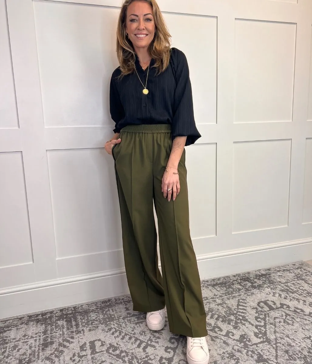 Khaki Side Stripe Wide Leg Trousers