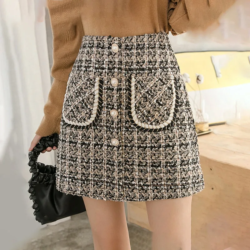 KittenAlarm - Elegant Pearl Button Wool Plaid Mini Skirts