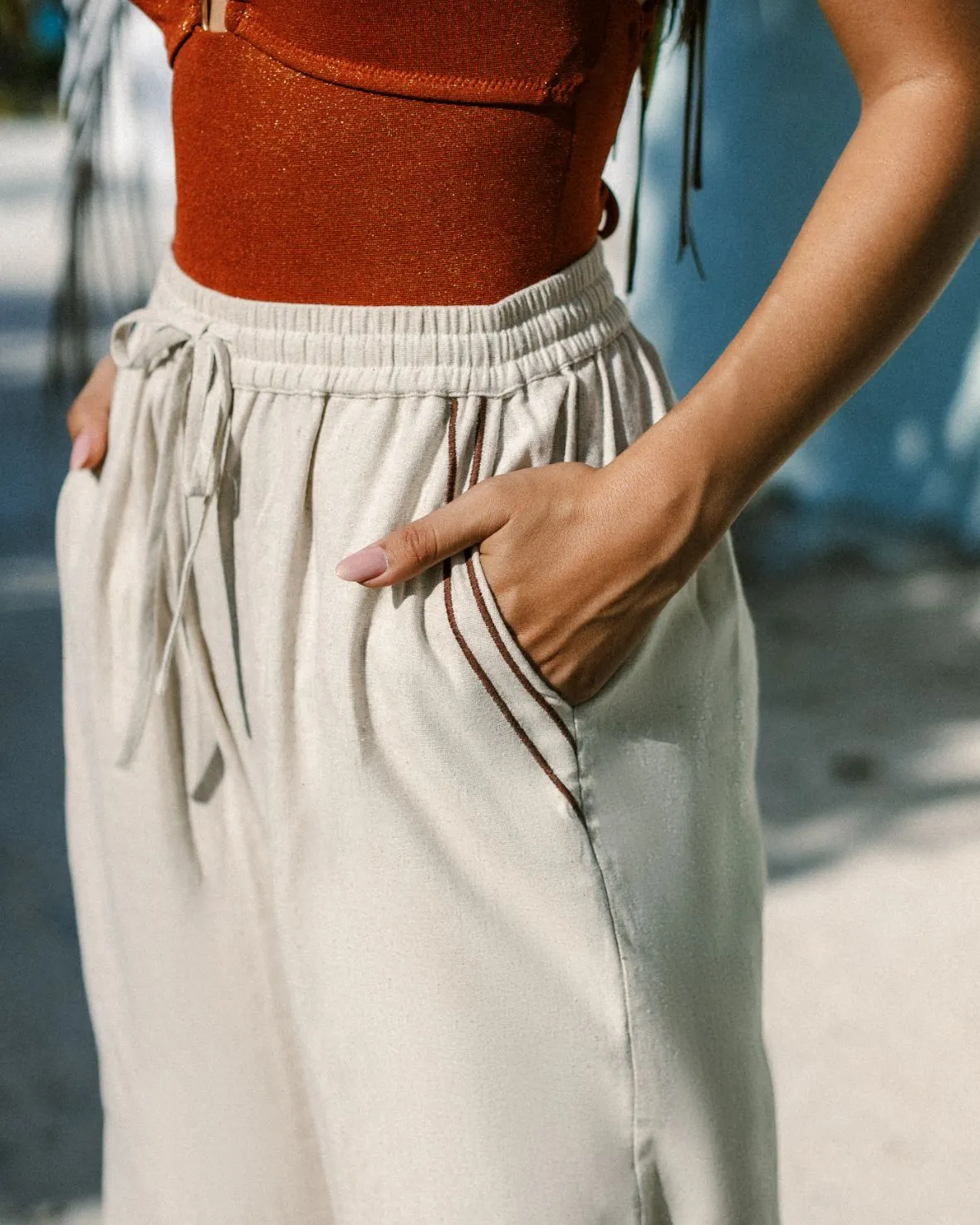 Linen-Blend Wide Leg Trousers - Natural