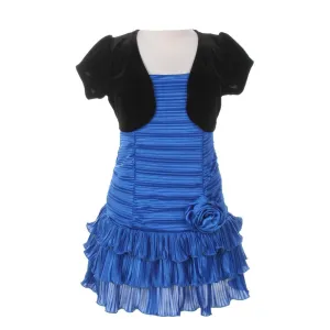 Little Girls Azure Black Pleated Tiered Velveteen Bolero 2 Pc Dress Outfit 2-6