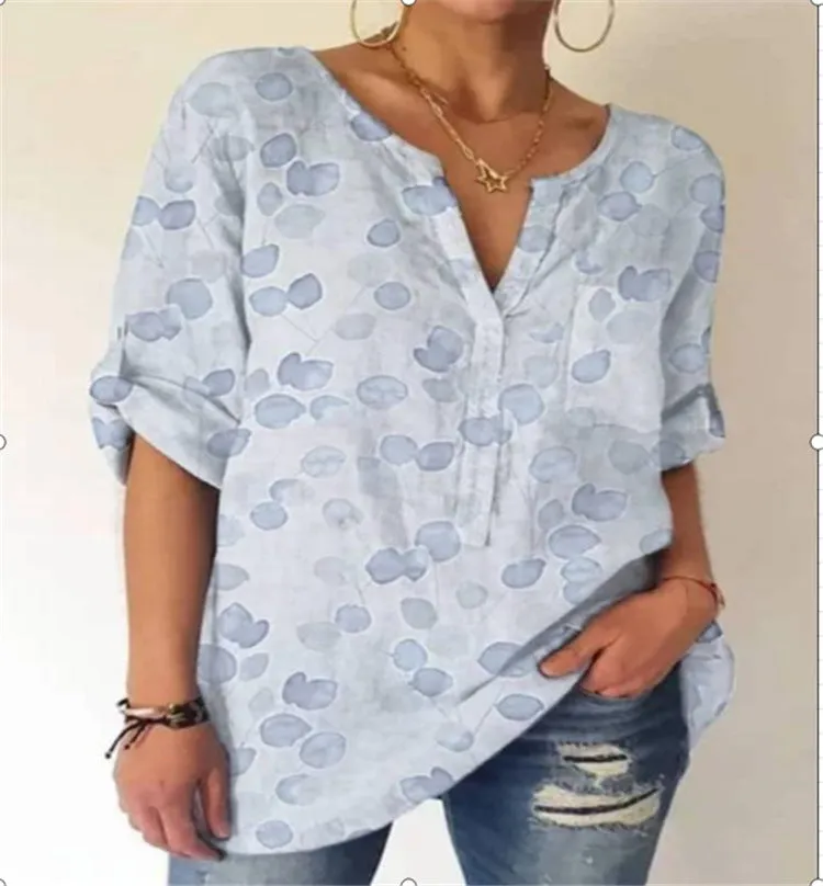 Loose printed V-neck long-sleeved shirt