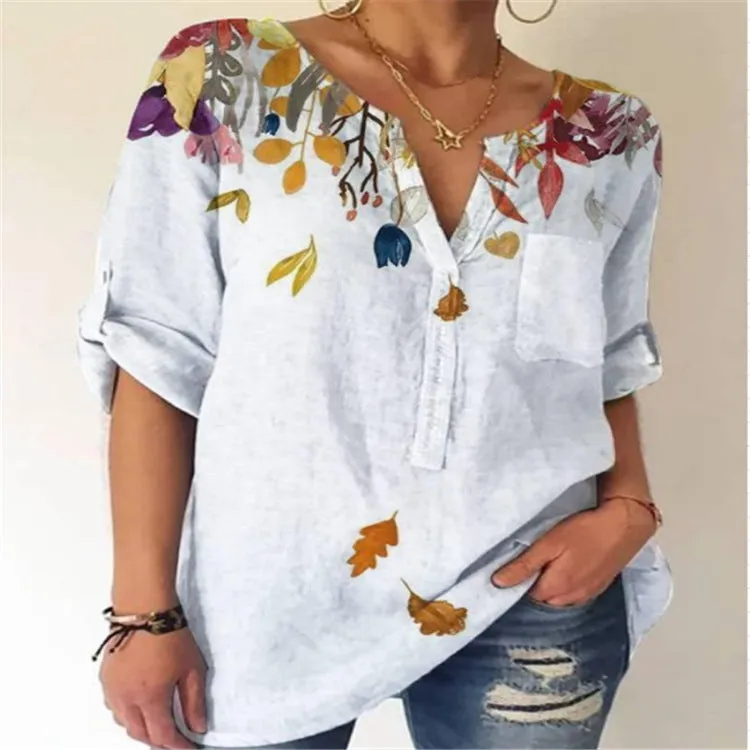 Loose printed V-neck long-sleeved shirt