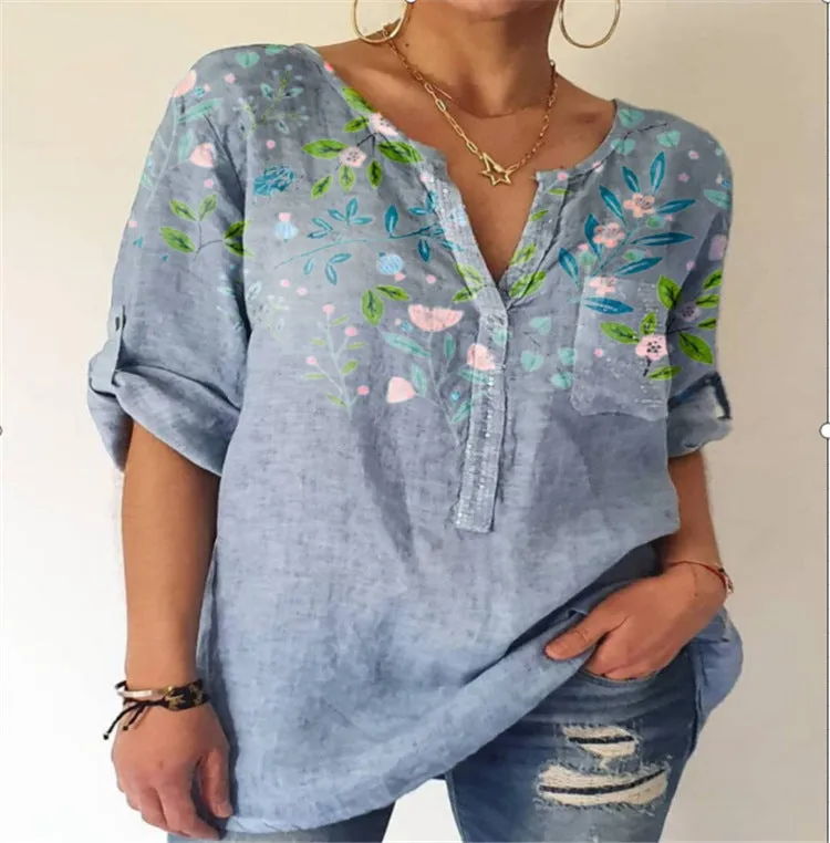 Loose printed V-neck long-sleeved shirt