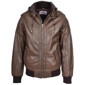 Mens Real Leather Bomber Jacket Trendy Removable Hood Style Reggie Brown