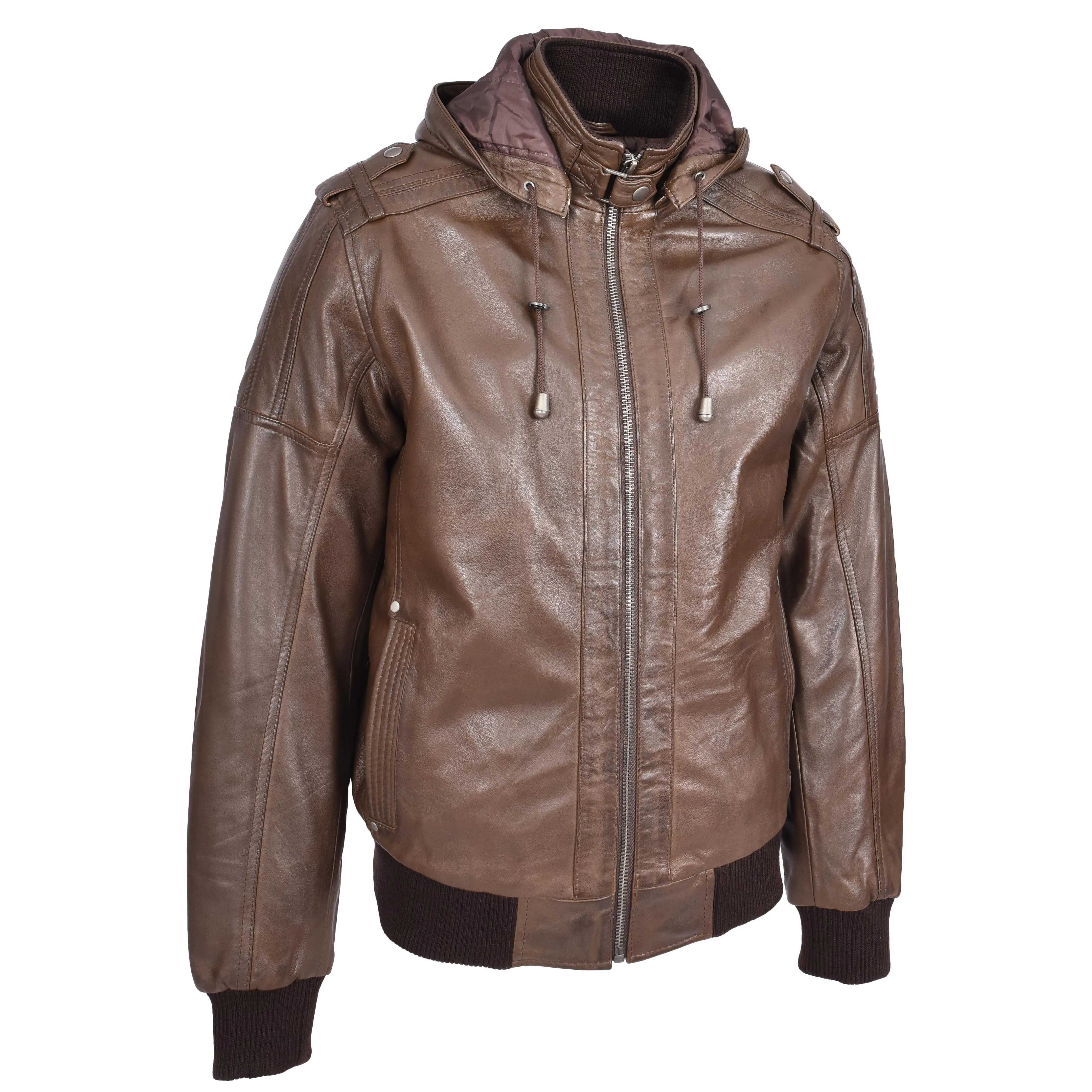 Mens Real Leather Bomber Jacket Trendy Removable Hood Style Reggie Brown