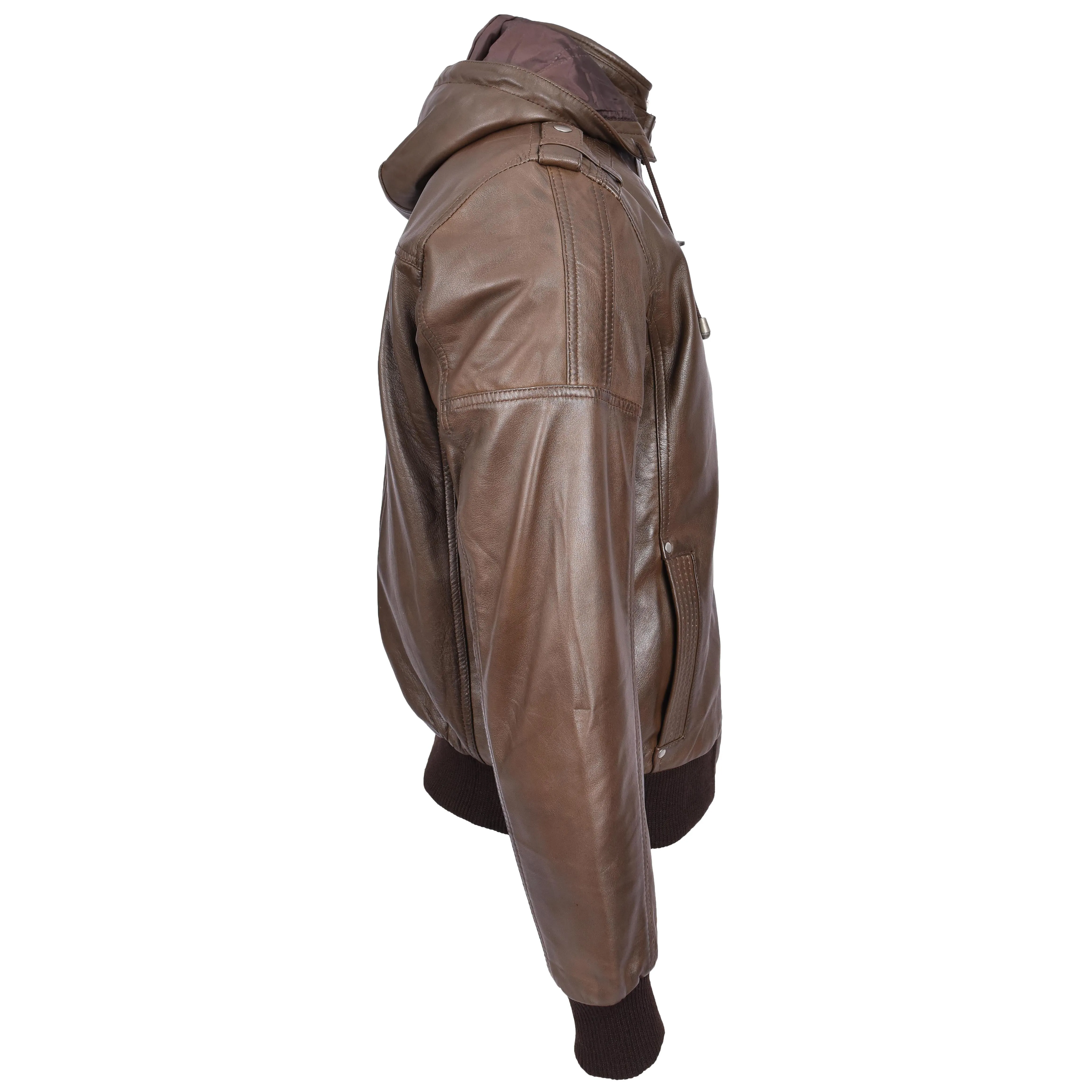 Mens Real Leather Bomber Jacket Trendy Removable Hood Style Reggie Brown